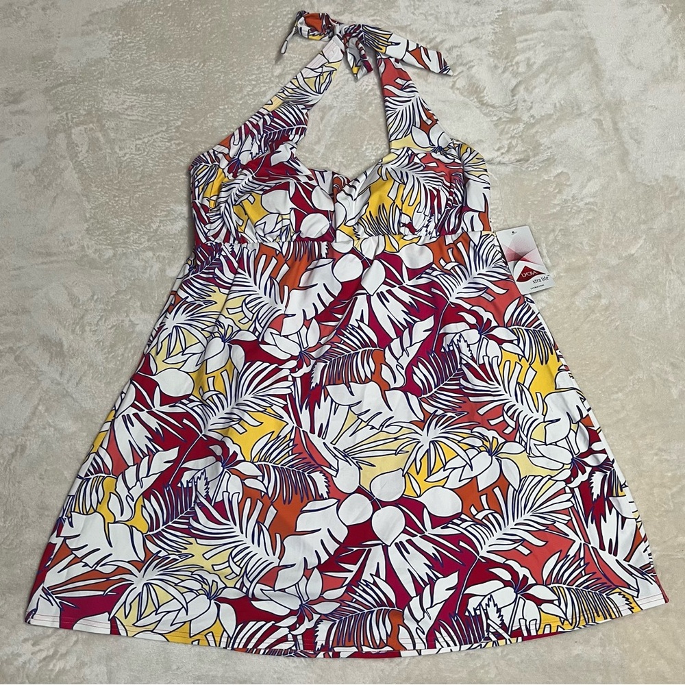 Lands' End Multi-Palm Floral Halter Neck Swim Dress - Size L 14 - 16 - Picture 3 of 14